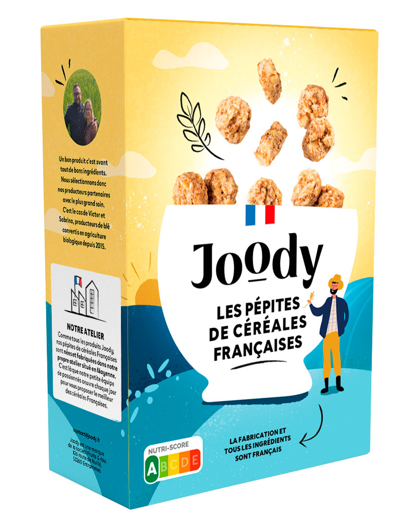 Packaging des pépites de céréales de la marque Joody